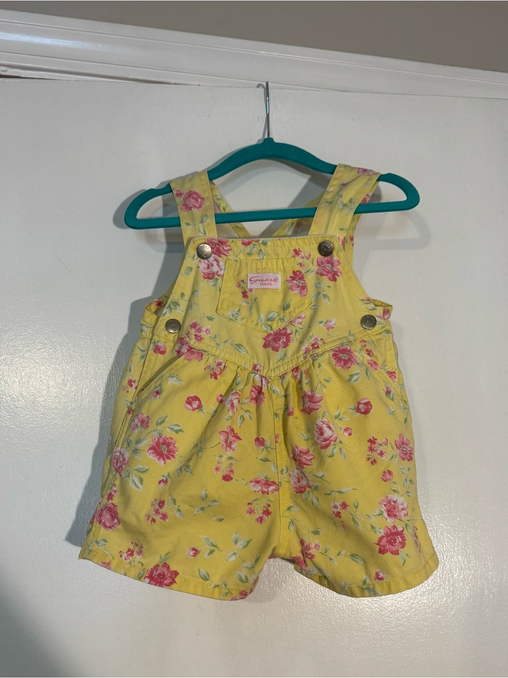 Baby Guess Yellow Floral Short Overalls vintage 90s Y2K rare hard to find cotton